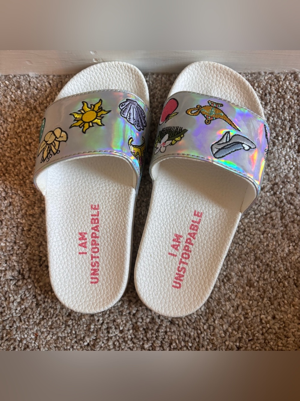 Disney Princess Holographic Pool Slide Sandals Girls Size 12/13 I Am Unstoppable